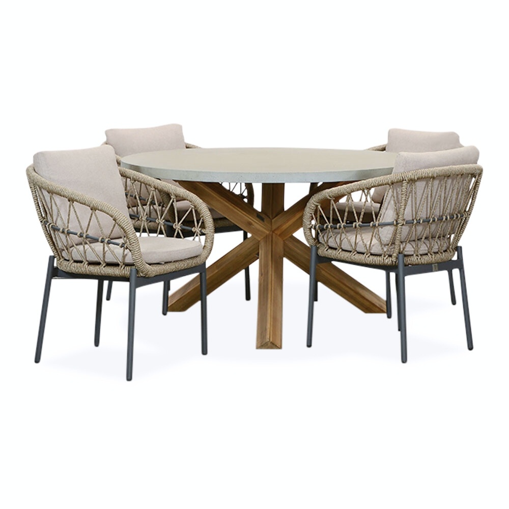 Nancy/Dakota beige/antraciet dining tuinset | 4 personen | betonlook + touw | 135cm rond