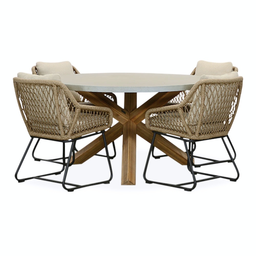 BUITEN living Nancy/Portofino Sahara Dust dining tuinset | 4 personen | betonlook + touw | 135cm rond – Zand