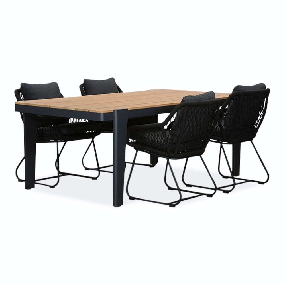 Vigo/Portofino zwart dining tuinset 5-delig | teakhout + touw | 200cm