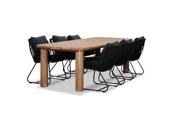 Laredo/Portofino zwart dining tuinset | 6 personen | hardhout + touw | 255cm