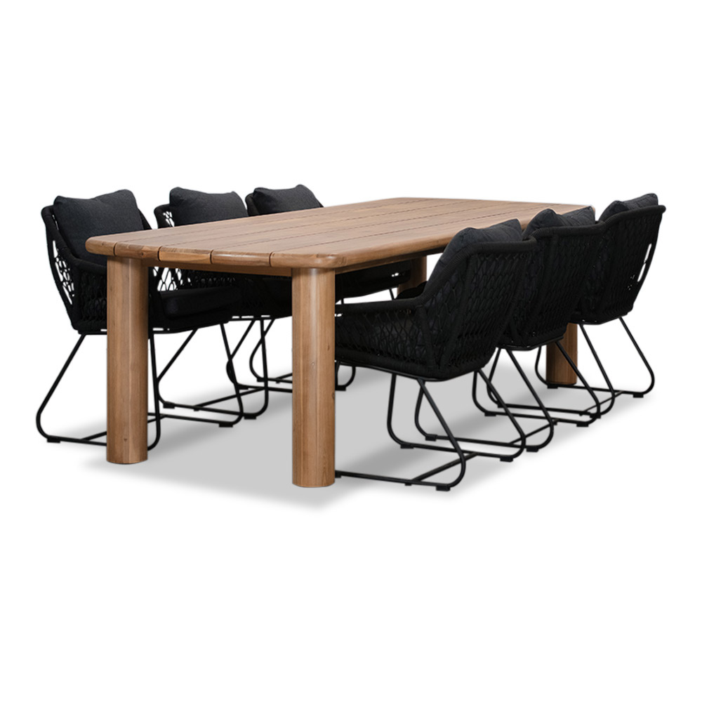 Laredo/Portofino zwart dining tuinset | 6 personen | hardhout + touw | 255cm