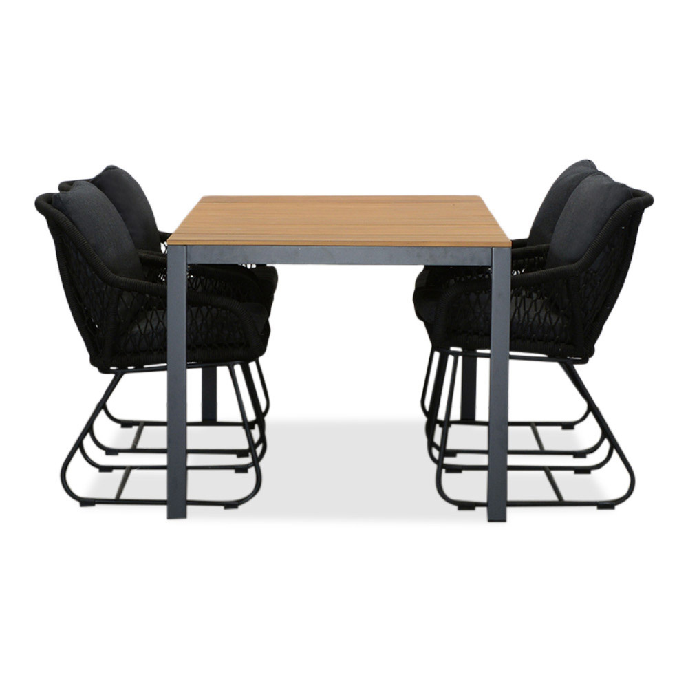 Delta/Portofino zwart dining tuinset | 4 personen | teakhout + touw | 160cm