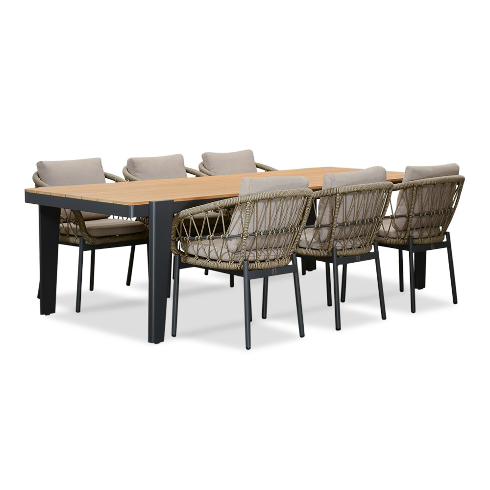 Vigo/Dakota beige/antraciet dining tuinset | 6 personen | teakhout + touw | 260cm afbeelding