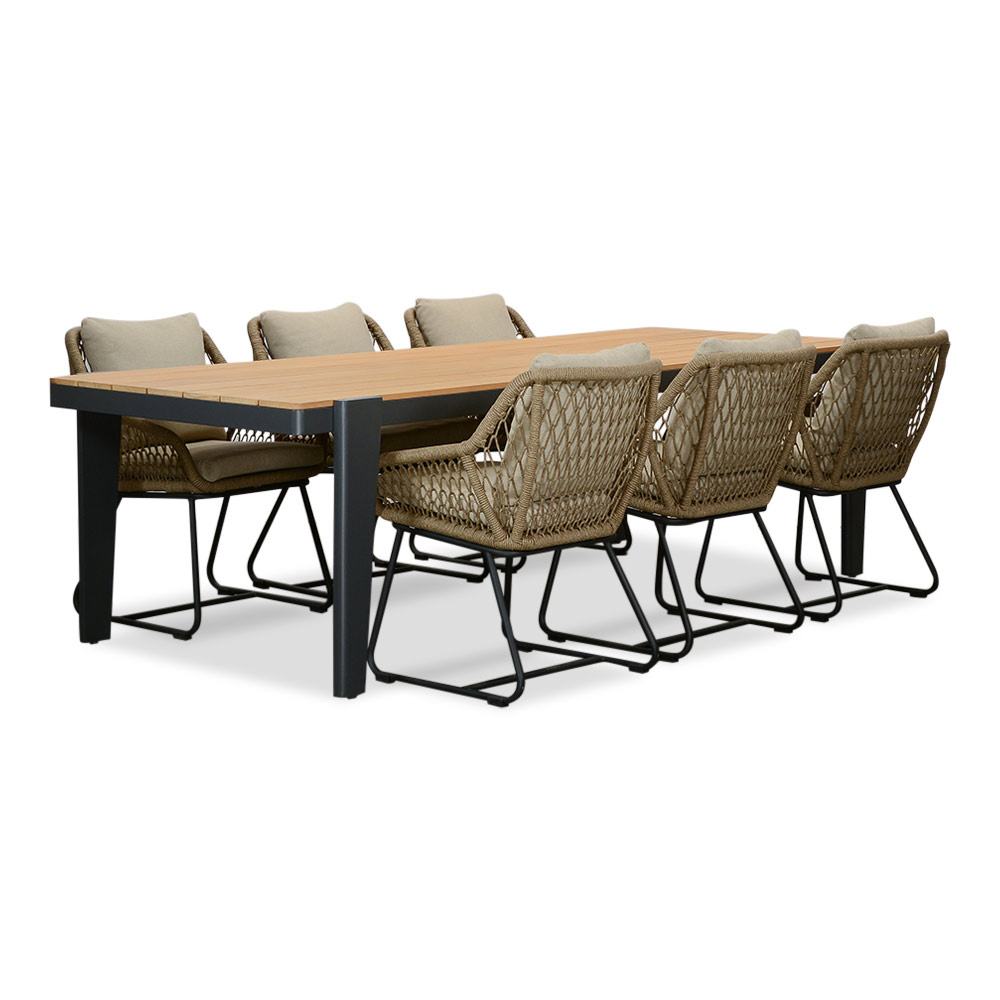 LUX outdoor living Vigo/Portofino Sahara Dust dining tuinset | 6 personen | teakhout + touw | 260cm – Zand