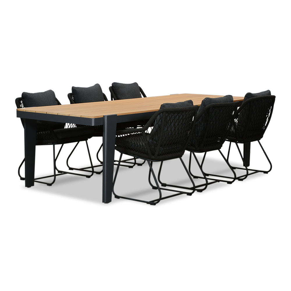 Vigo/Portofino zwart dining tuinset | 6 personen | teakhout + touw | 260cm