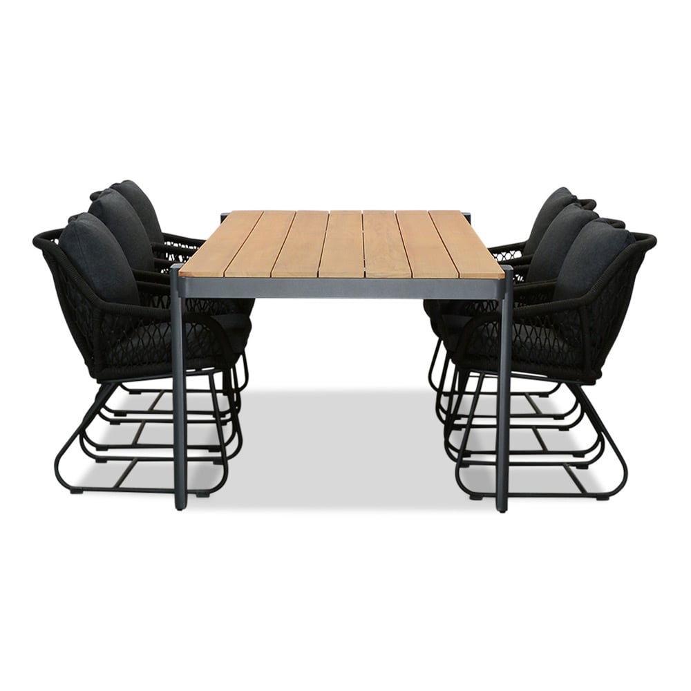Vigo/Portofino zwart dining tuinset 7-delig | teakhout + touw | 260cm