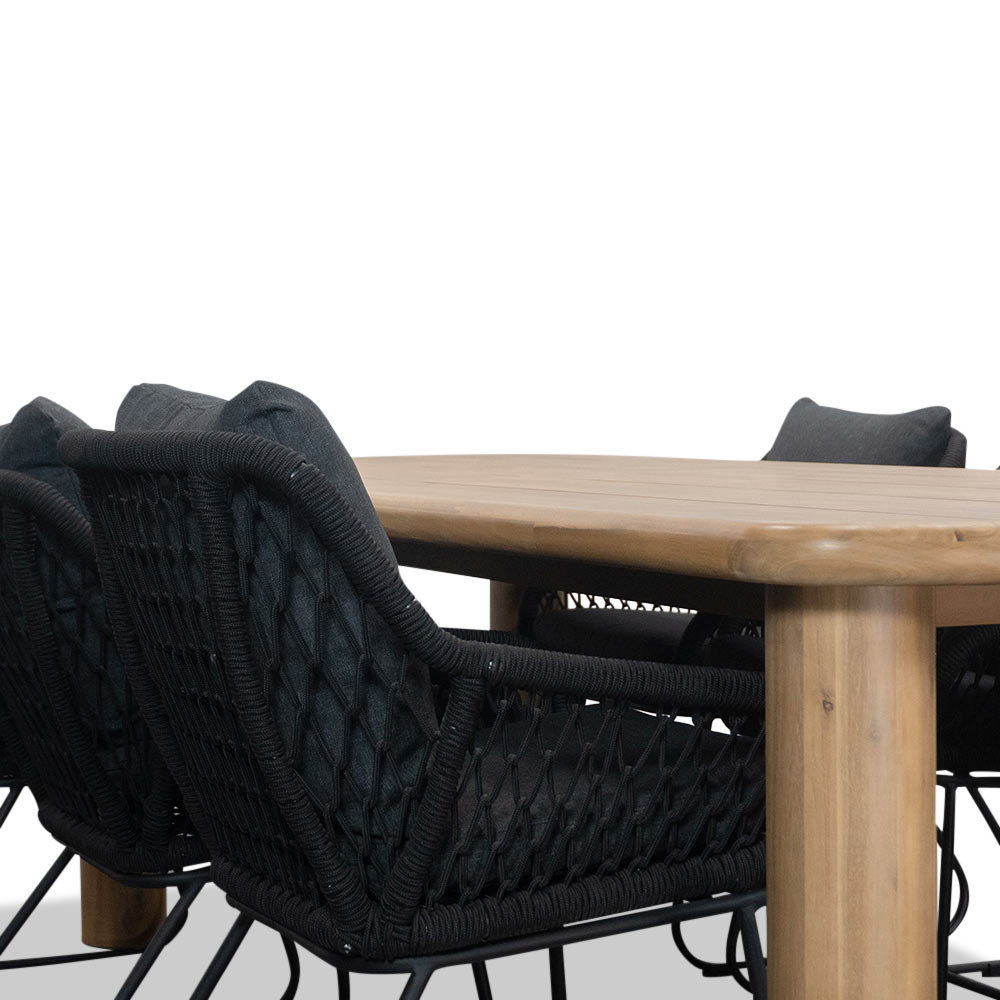 Vigo/Portofino zwart dining tuinset 7-delig | teakhout + touw | 260cm