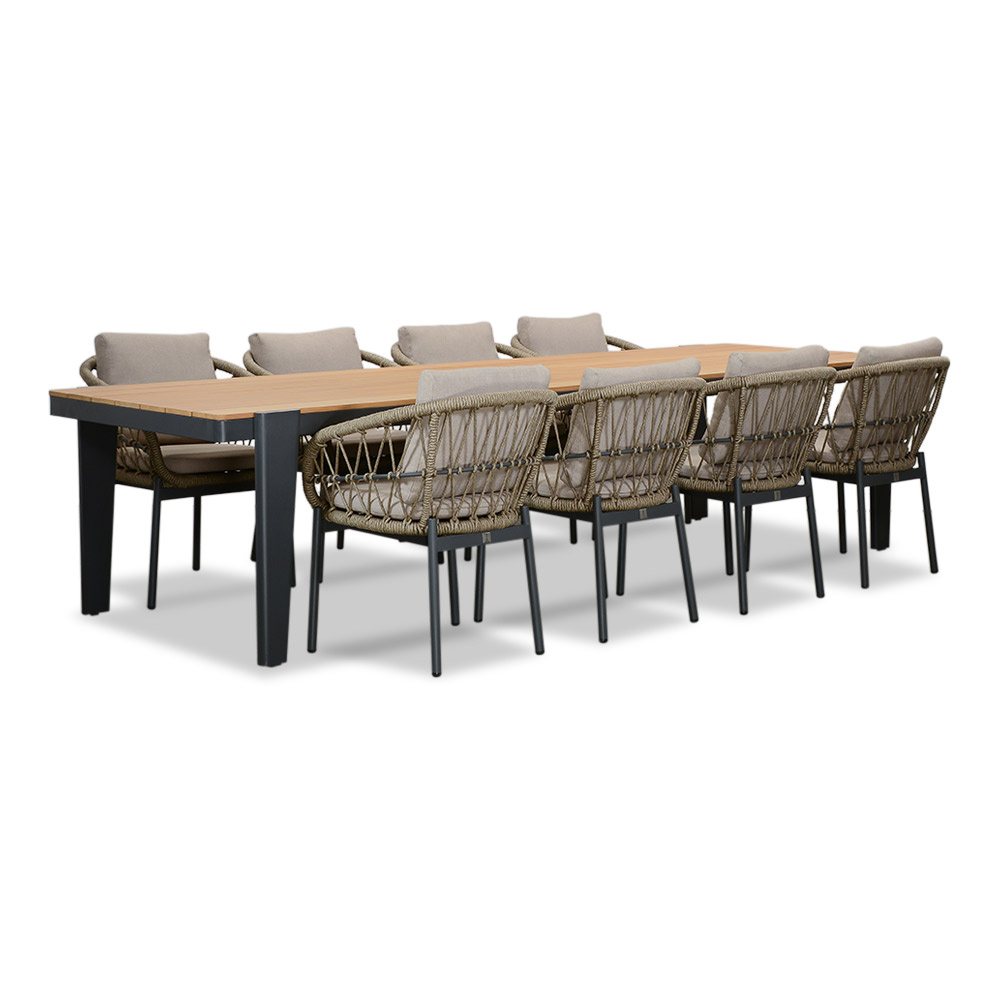 Vigo/Dakota beige/antraciet dining tuinset | 8 personen | teakhout + touw | 320cm