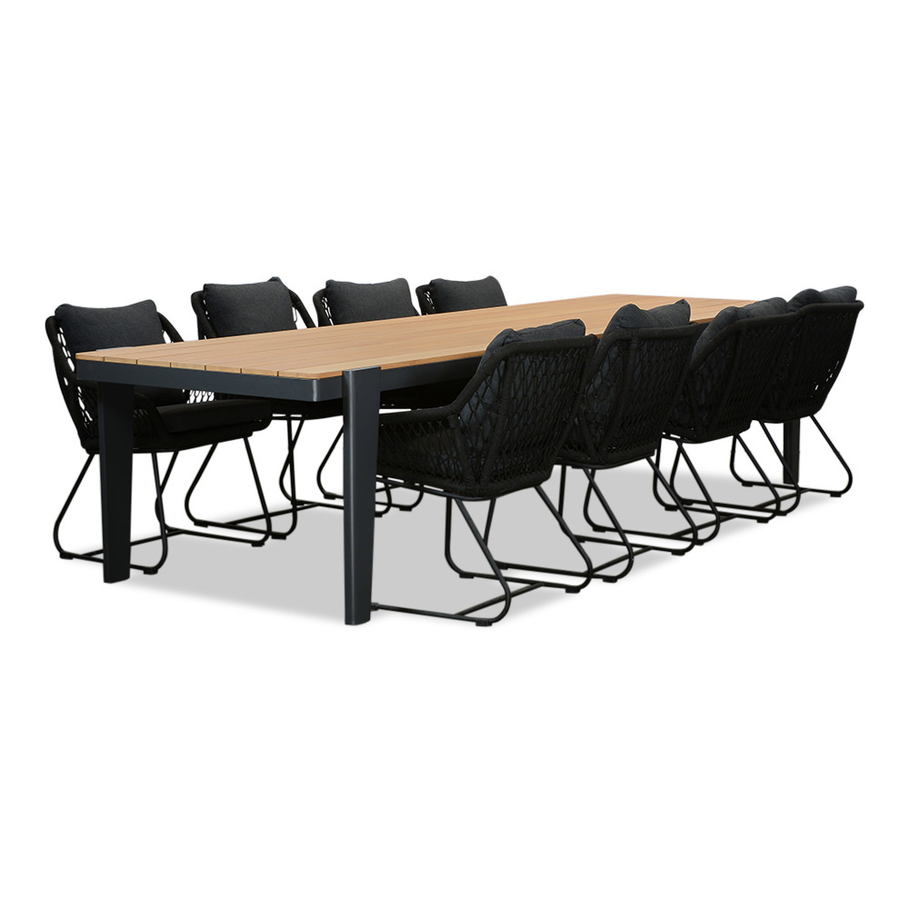 Vigo/Portofino zwart dining tuinset | 8 personen | teakhout + touw | 320cm