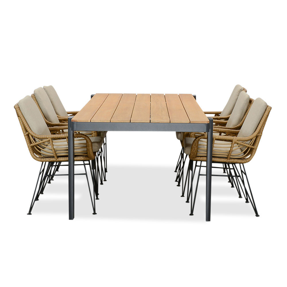 Vigo/Carlos taupe dining tuinset | 6 personen | teakhout + wicker | 260cm