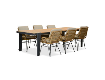 Vigo/Carlos taupe dining tuinset | 6 personen | teakhout + wicker | 260cm