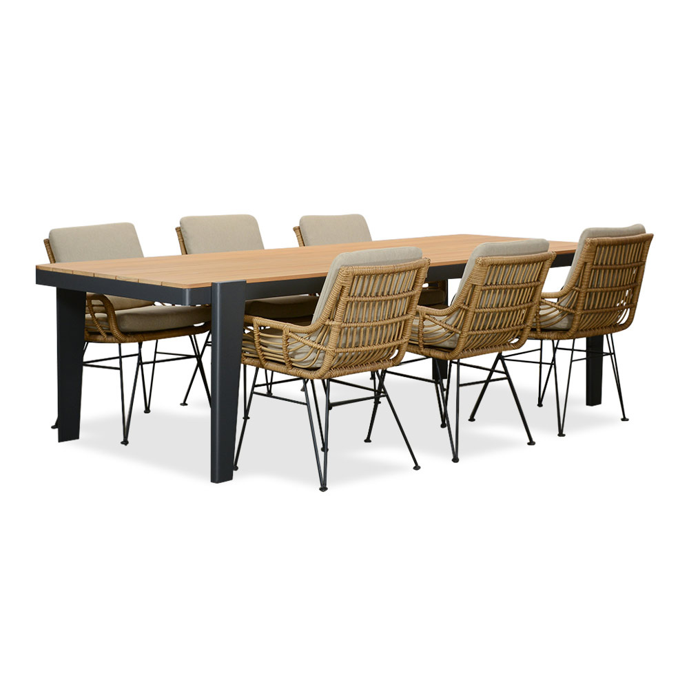 Vigo/Carlos taupe dining tuinset | 6 personen | teakhout + wicker | 260cm