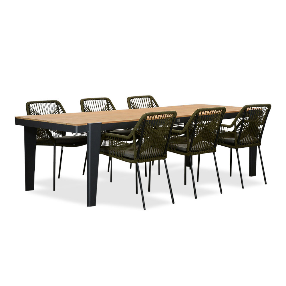 Vigo/Seville olijfgroen dining tuinset | 6 personen | teakhout + aluminium | 260cm