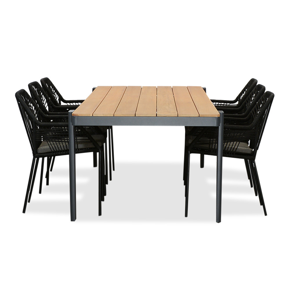 Vigo/Seville zwart dining tuinset 7-delig | teakhout + touw | 260cm