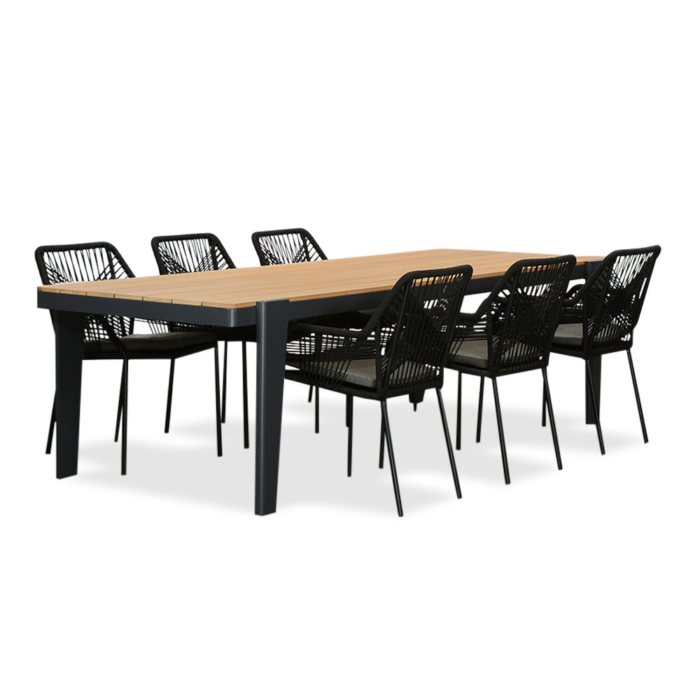 Vigo/Seville zwart dining tuinset 7-delig | teakhout + touw | 260cm