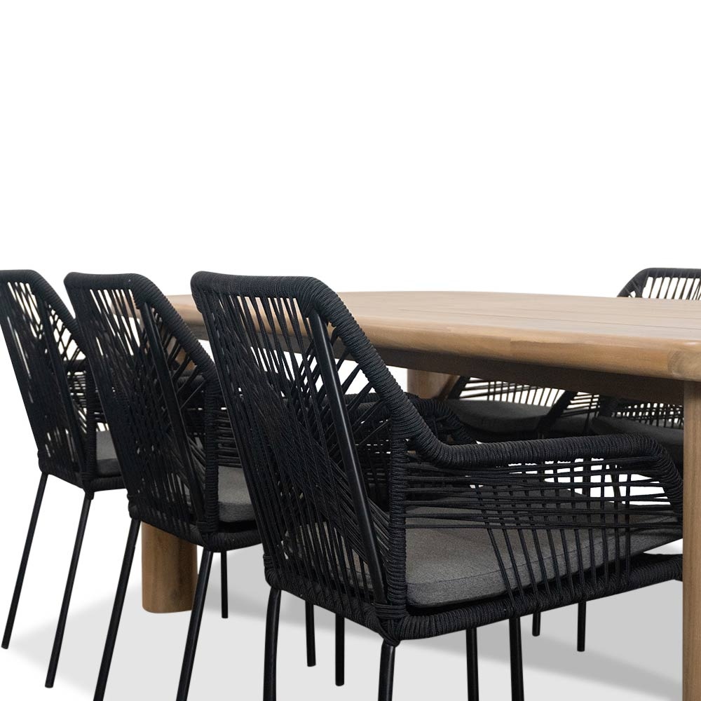 Vigo/Seville zwart dining tuinset 7-delig | teakhout + touw | 260cm