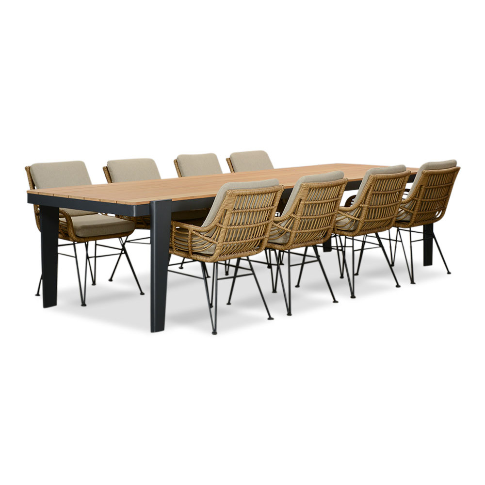 Vigo/Carlos taupe dining tuinset | 8 personen | teakhout + wicker | 320cm