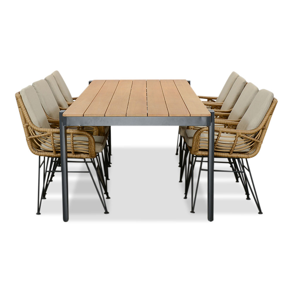 Vigo/Carlos taupe dining tuinset | 8 personen | teakhout + wicker | 320cm