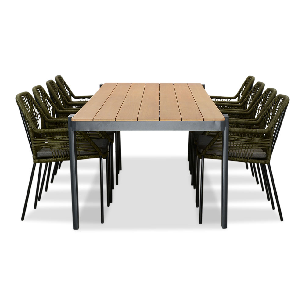 Vigo/Seville olijfgroen dining tuinset | 8 personen | teakhout + aluminium | 320cm