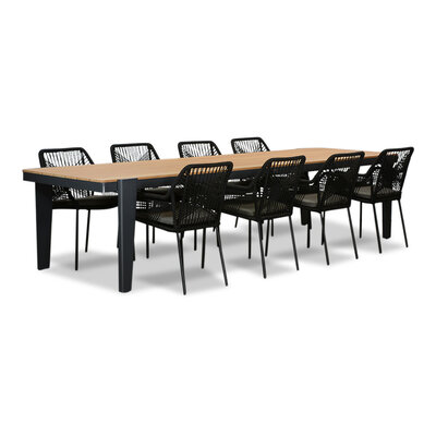 Vigo/Seville zwart dining tuinset | 8 personen | teakhout + touw | 320cm