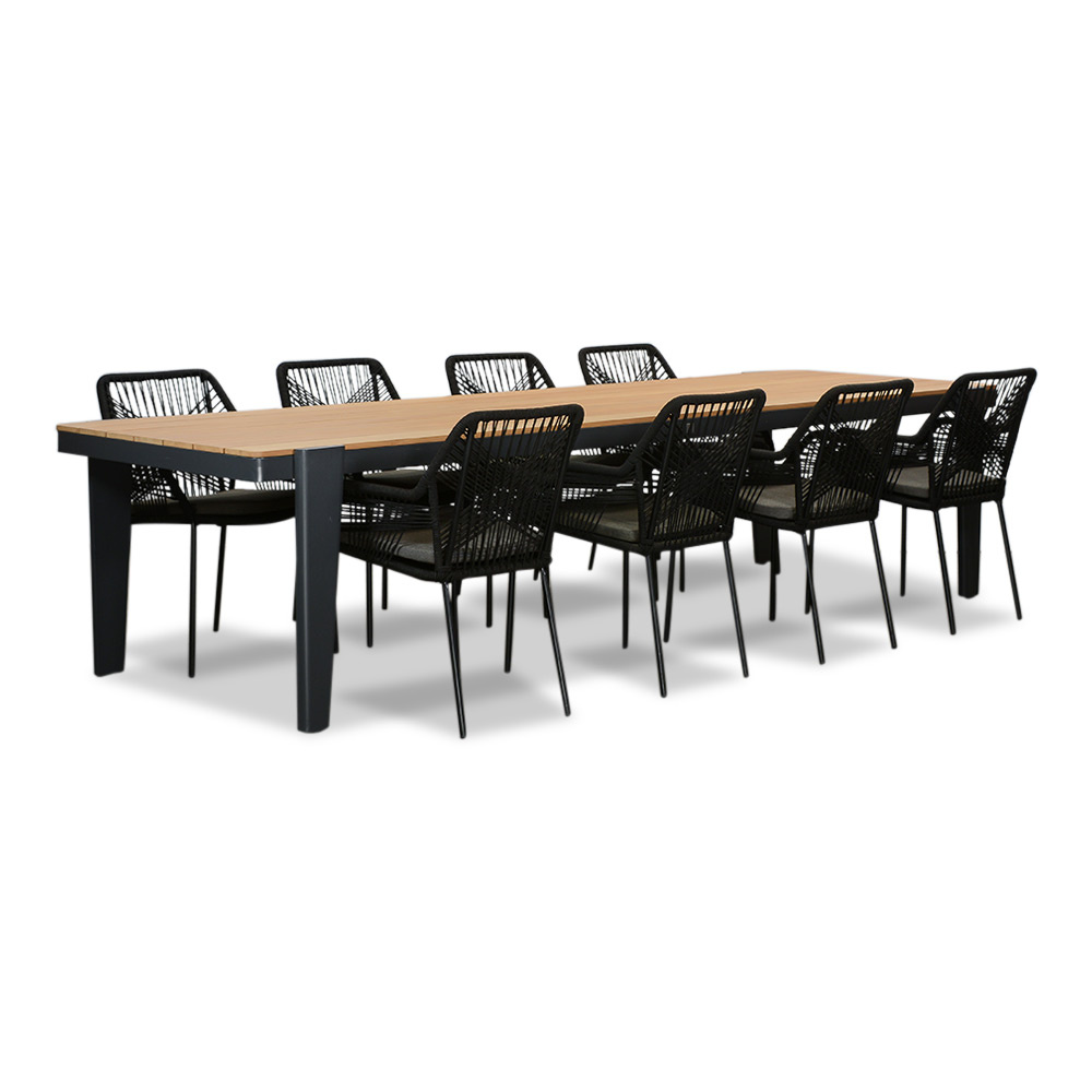 Vigo/Seville zwart dining tuinset | 8 personen | teakhout + touw | 320cm