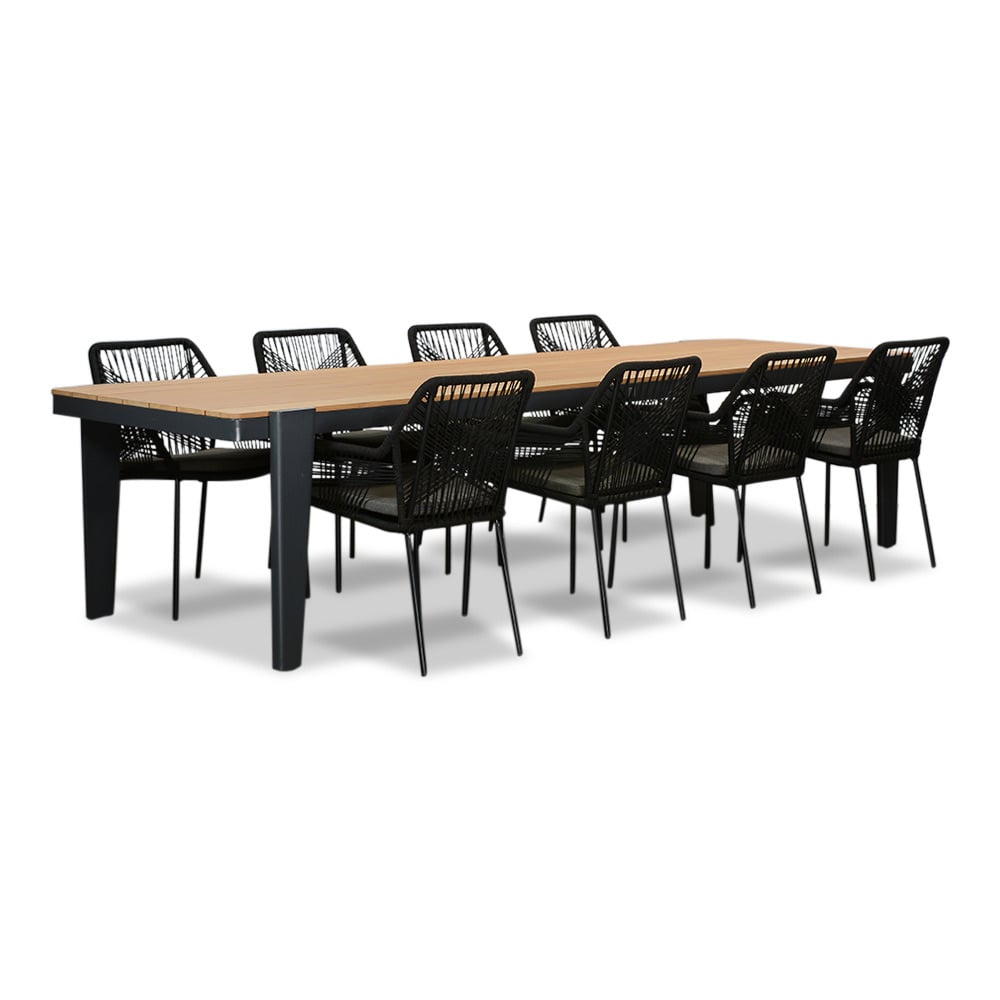 Vigo/Seville zwart dining tuinset 9-delig | teakhout + touw | 320cm