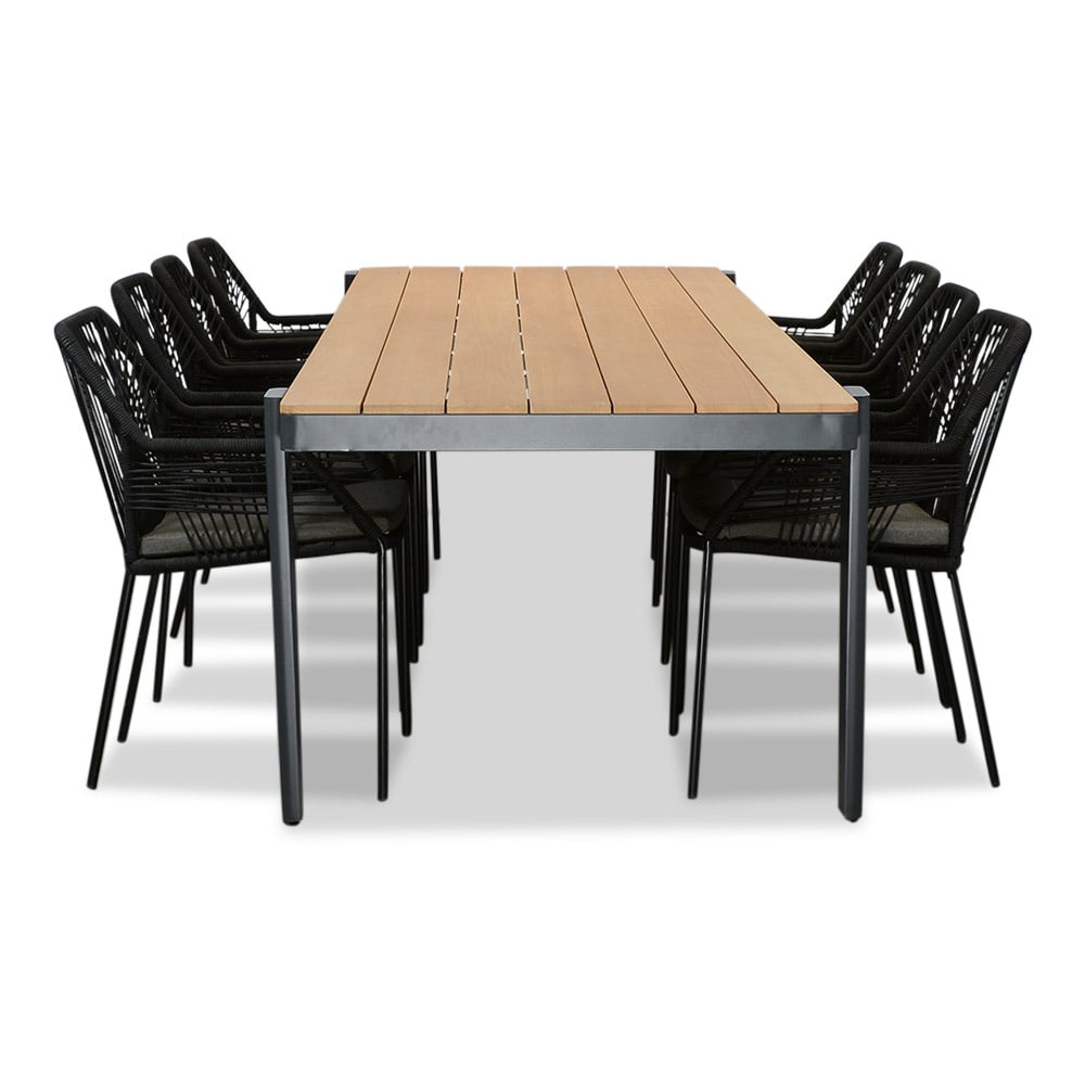 Vigo/Seville zwart dining tuinset 9-delig | teakhout + touw | 320cm