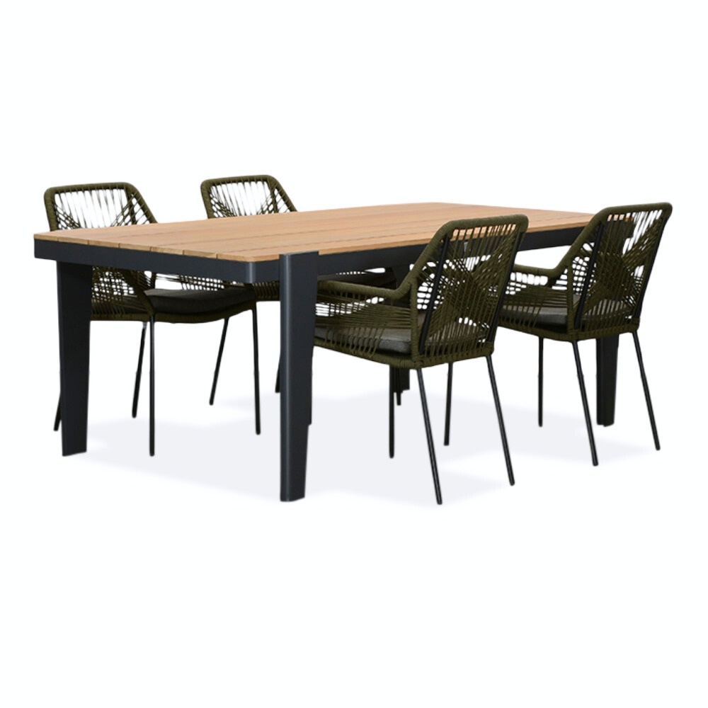 Vigo/Seville olijfgroen dining tuinset 5-delig | teakhout + aluminium | 200cm