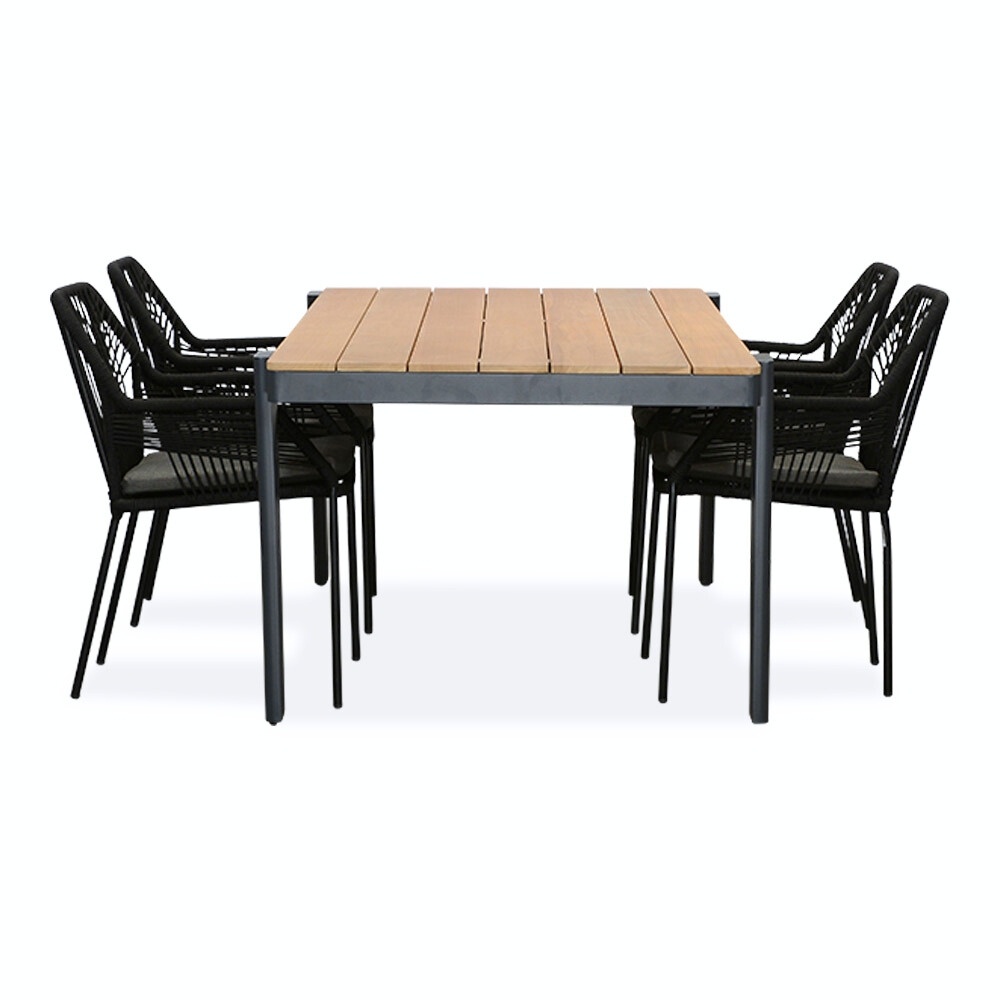Vigo/Seville zwart dining tuinset 5-delig | teakhout + touw | 200cm