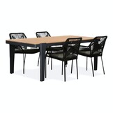 Vigo/Seville zwart dining tuinset | 4 personen | teakhout + touw | 200cm