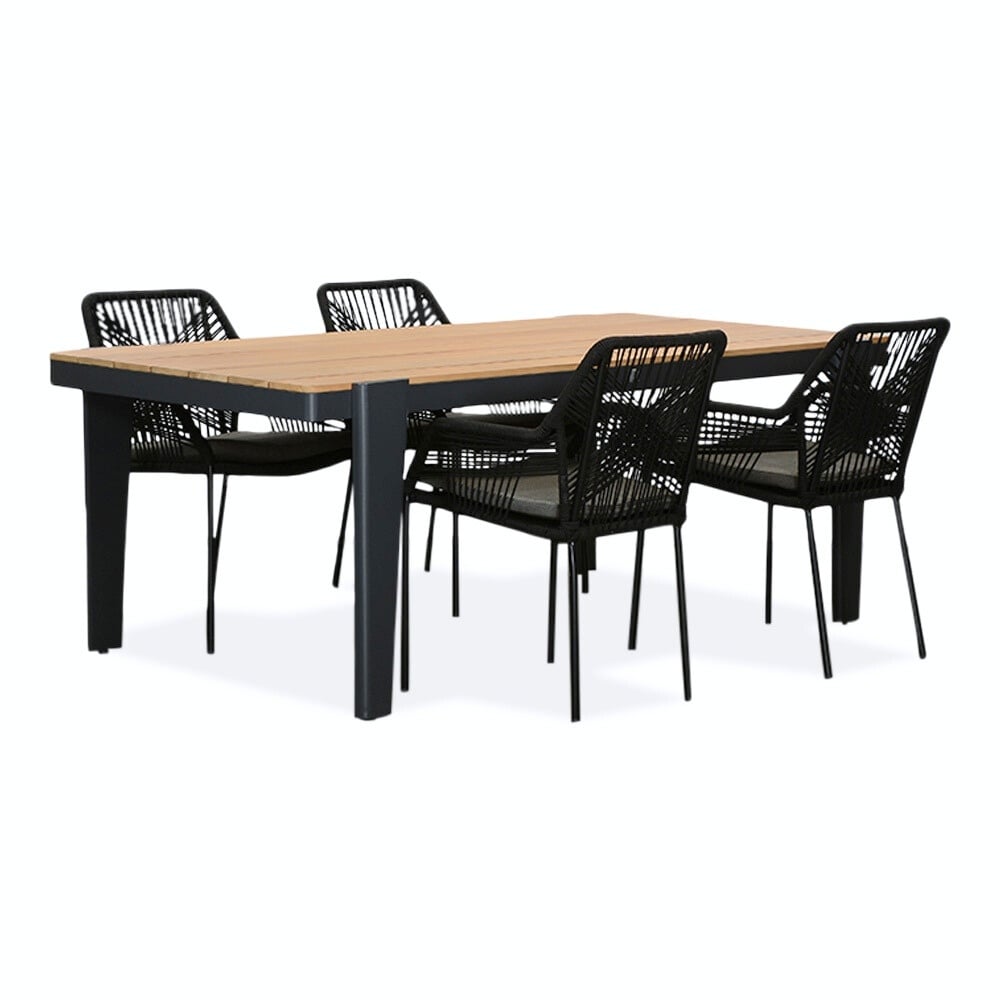 Vigo/Seville zwart dining tuinset 5-delig | teakhout + touw | 200cm
