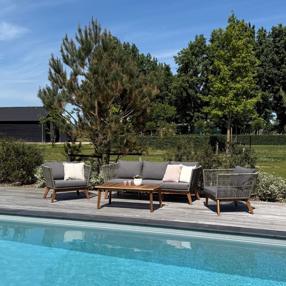 Lissabon stoel-bank loungeset 5 personen | wicker + hardhout | Misty Grey | 4-delig