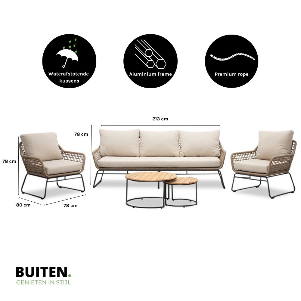 Valencia/Aurora stoel-bank loungeset 5 personen | touw + teakhout | Sahara Dust | 5-delig