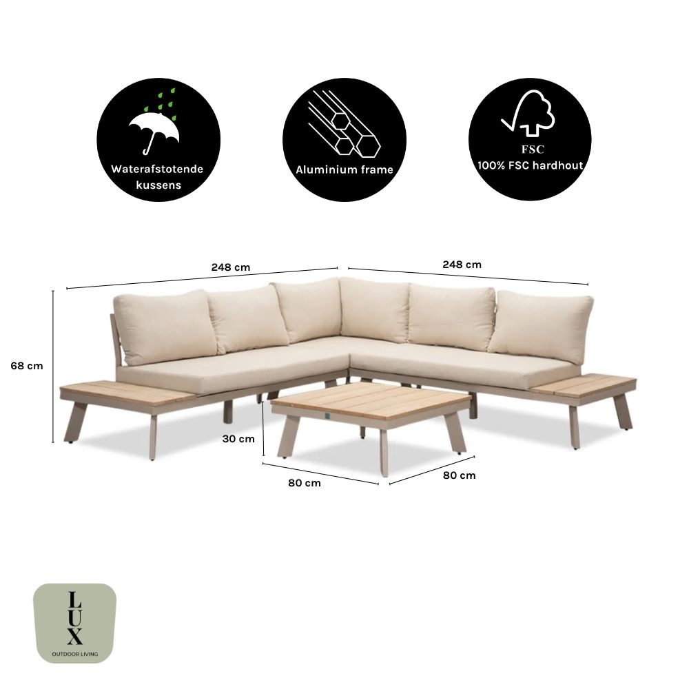 New York hoek loungeset 5 personen | aluminium + hardhout | beige/Light Teaklook | 4-delig - 248x248cm
