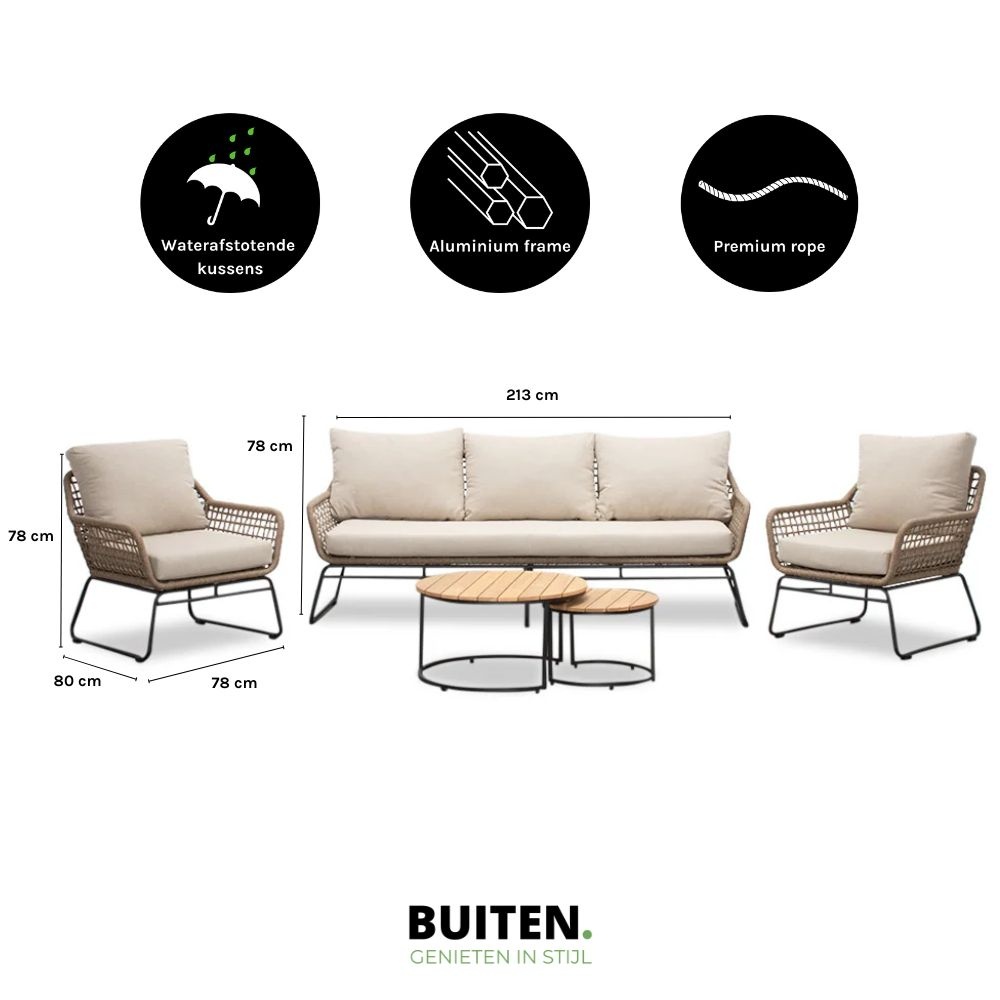 Valencia/Aurora stoel-bank loungeset 5 personen | touw + teakhout | Sahara Dust | 5-delig