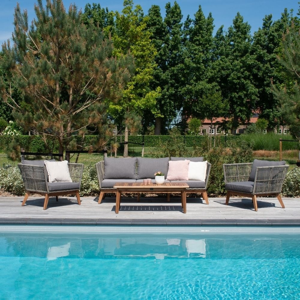Lissabon stoel-bank loungeset 5 personen | wicker + hardhout | Misty Grey | 4-delig