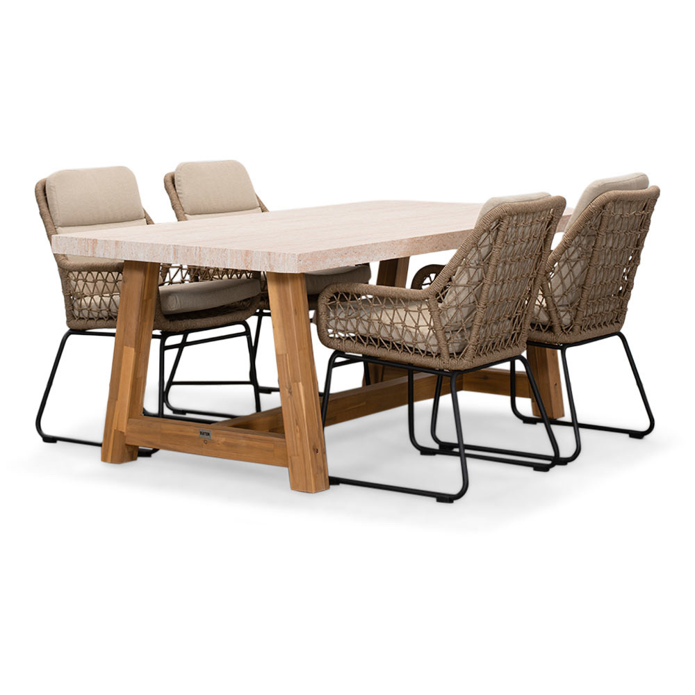 Velora/Valencia Sahara Dust dining tuinset | 4 personen | travertin + touw | 200cm afbeelding