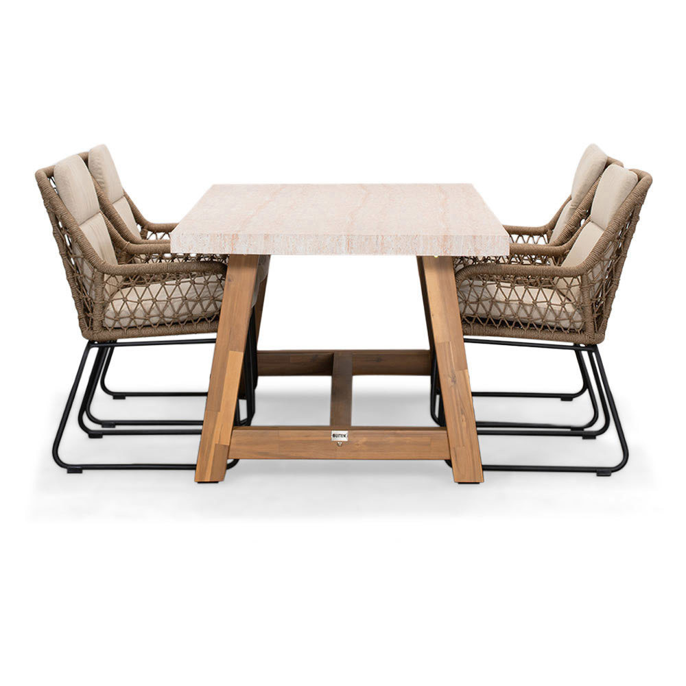 Veltis/Valencia Sahara Dust dining tuinset | 4 personen | travertin + touw | 200cm
