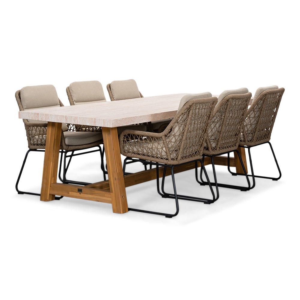 Velora/Valencia Sahara Dust dining tuinset | 6 personen | travertin + touw | 250cm afbeelding