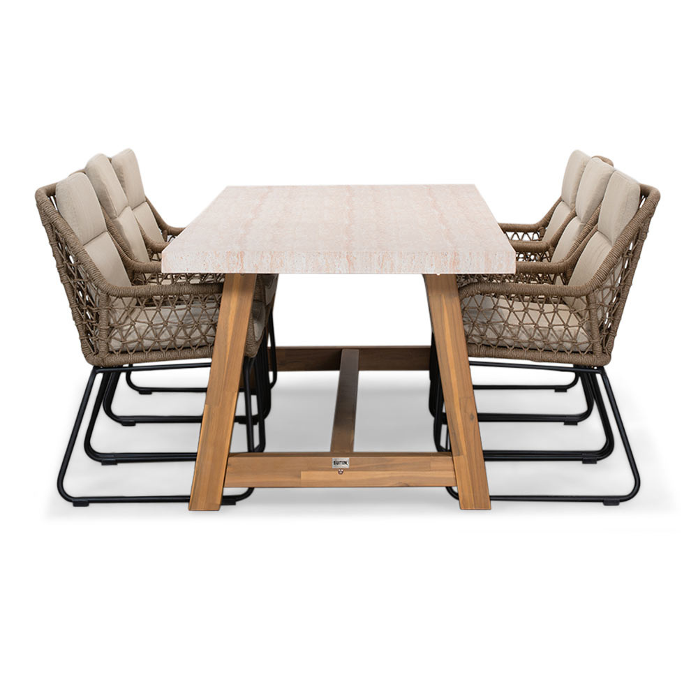 Veltis/Valencia Sahara Dust dining tuinset | 6 personen | travertin + touw | 250cm