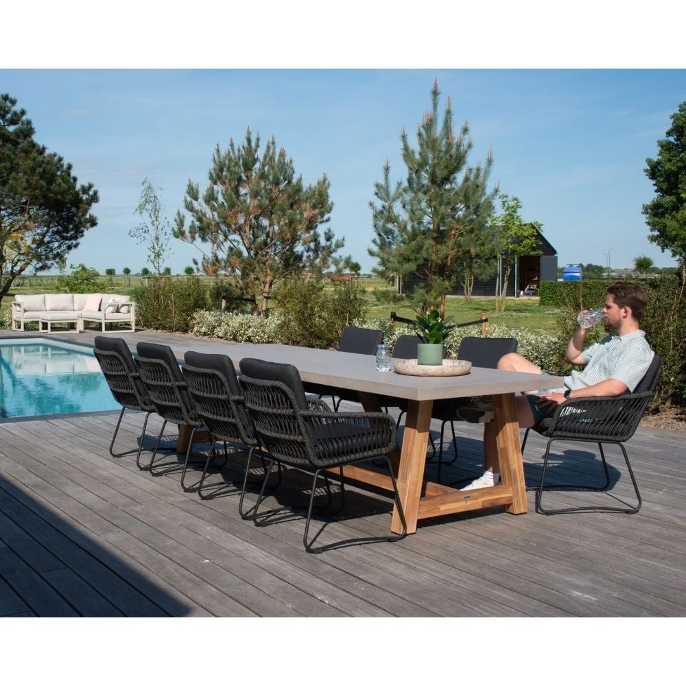 Harper dining tuinstoel set van 8 | touw + rvs | Lava Grey