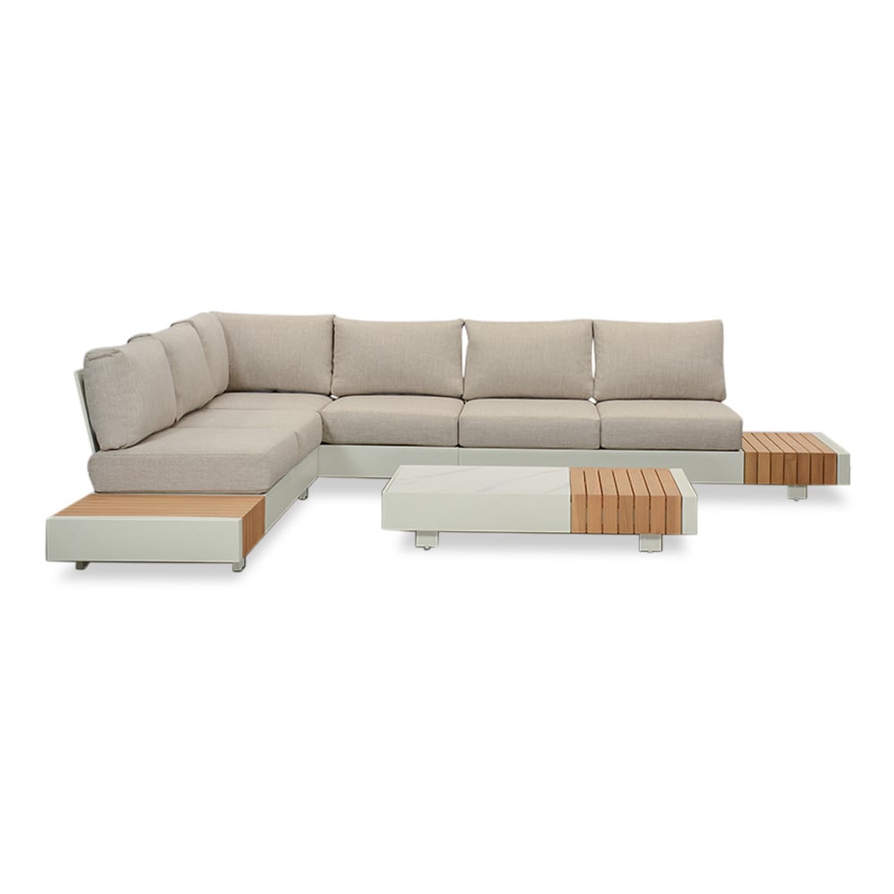 Verona hoek loungeset met all weather kussens 6 personen | aluminium + teakhout | beige | 4-delig - 345x275cm