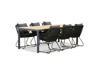 Delta/Portofino zwart dining tuinset | 6 personen | teakhout + touw | 220cm