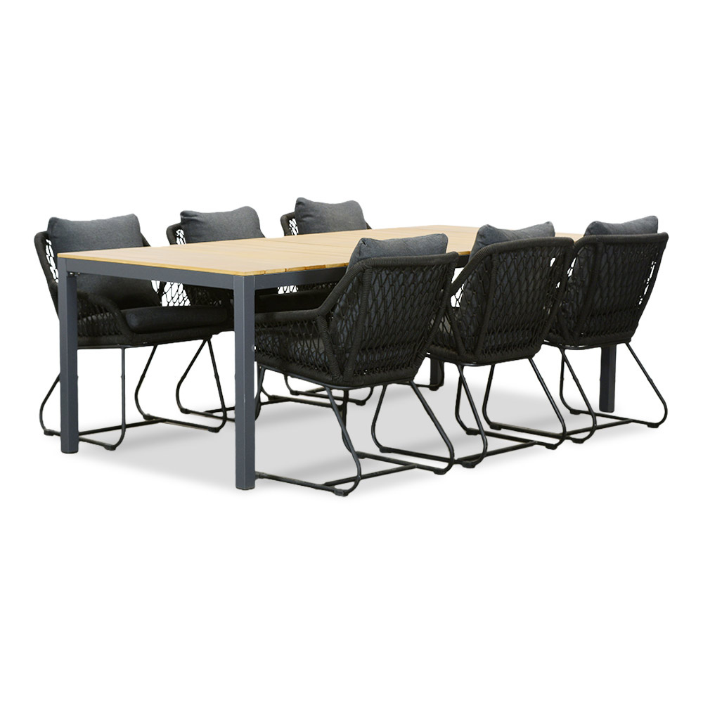 Delta/Portofino zwart dining tuinset | 6 personen | teakhout + touw | 220cm