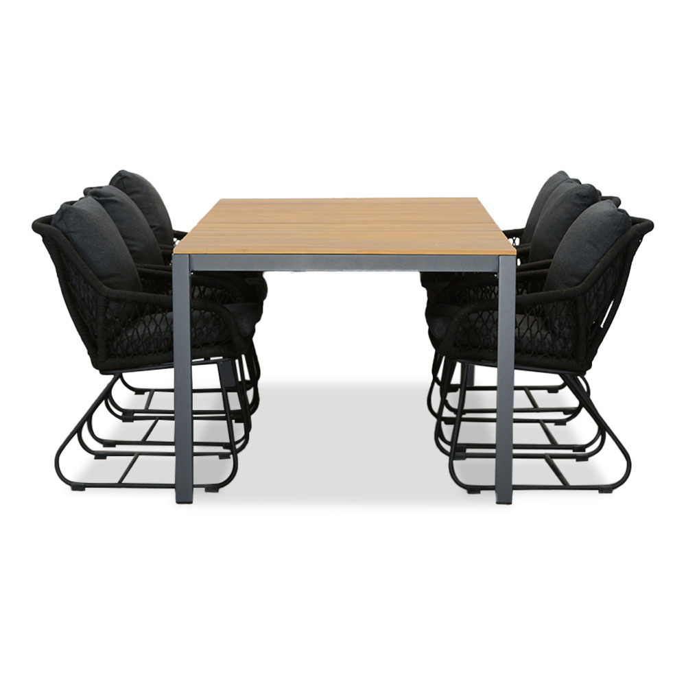Delta/Portofino zwart dining tuinset | 6 personen | teakhout + touw | 220cm