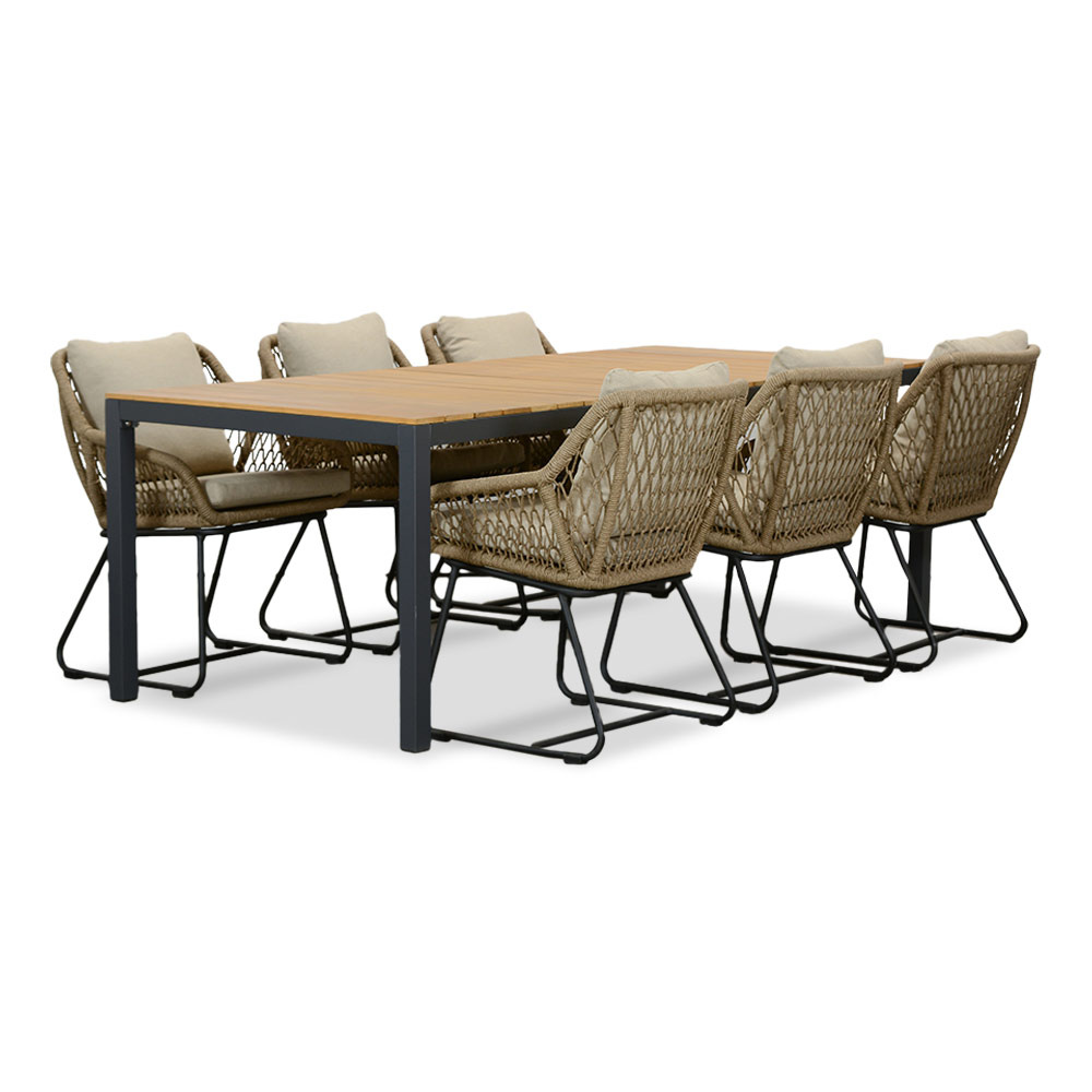 Delta/Portofino Sahara Dust dining tuinset | 6 personen | teakhout + touw | 220cm afbeelding