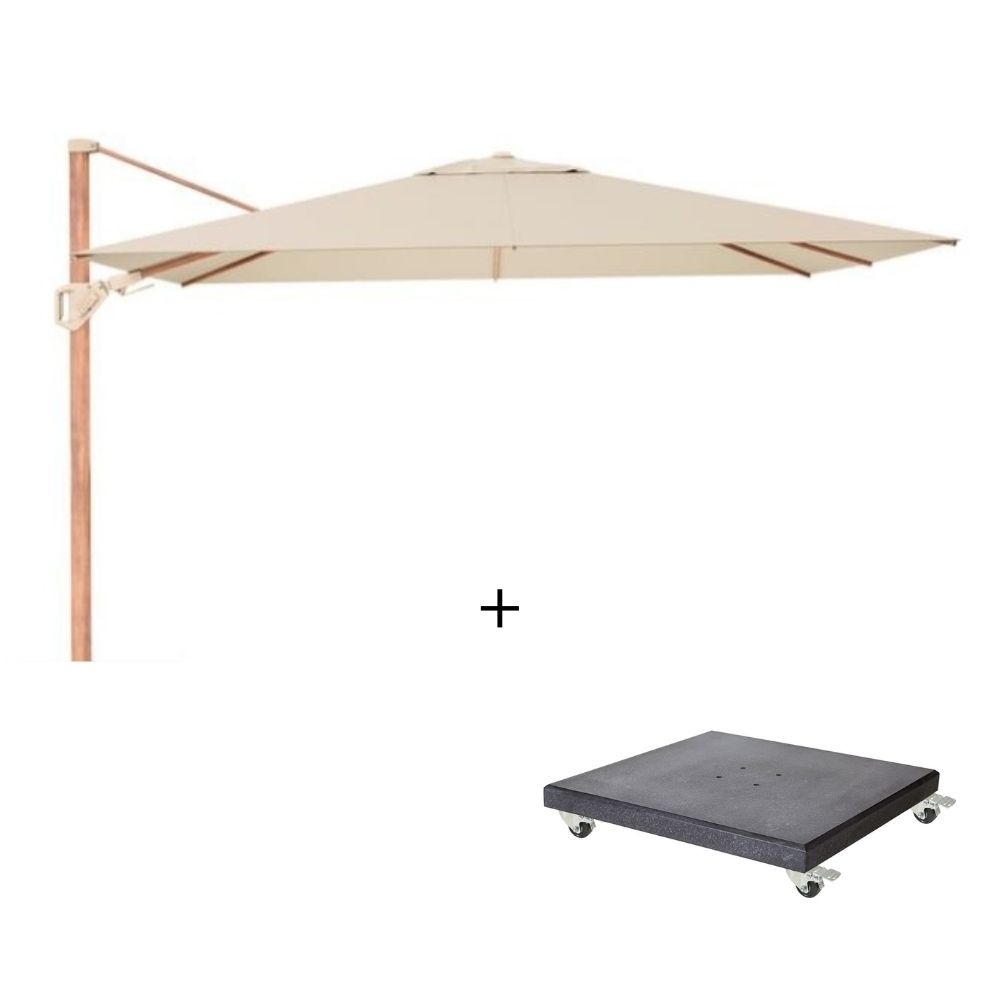 Challenger T² zweefparasol - premium doek | 260x350cm met Modena parasolvoet 90kg | Champagne/Teak look