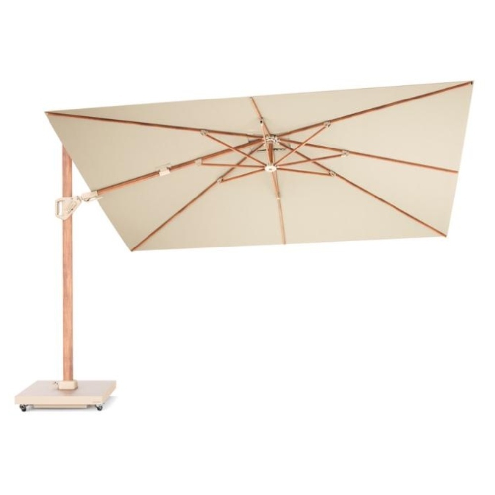 Challenger T² zweefparasol - premium doek | 260x350cm met Salerno parasolvoet 90kg | Champagne/Teak look