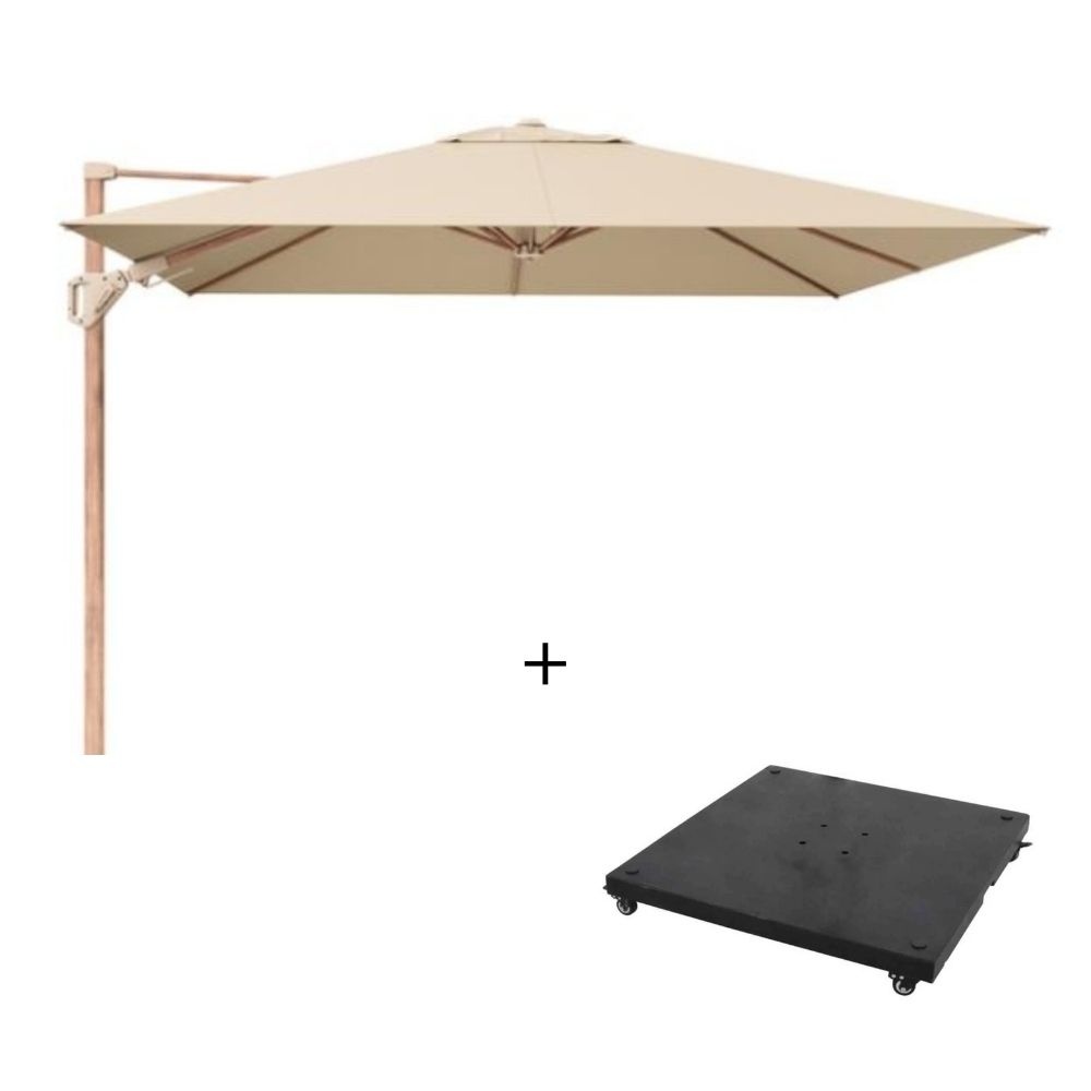Challenger T² zweefparasol - premium doek | 300x300cm met parasolvoet 90kg | Champagne/Teak look