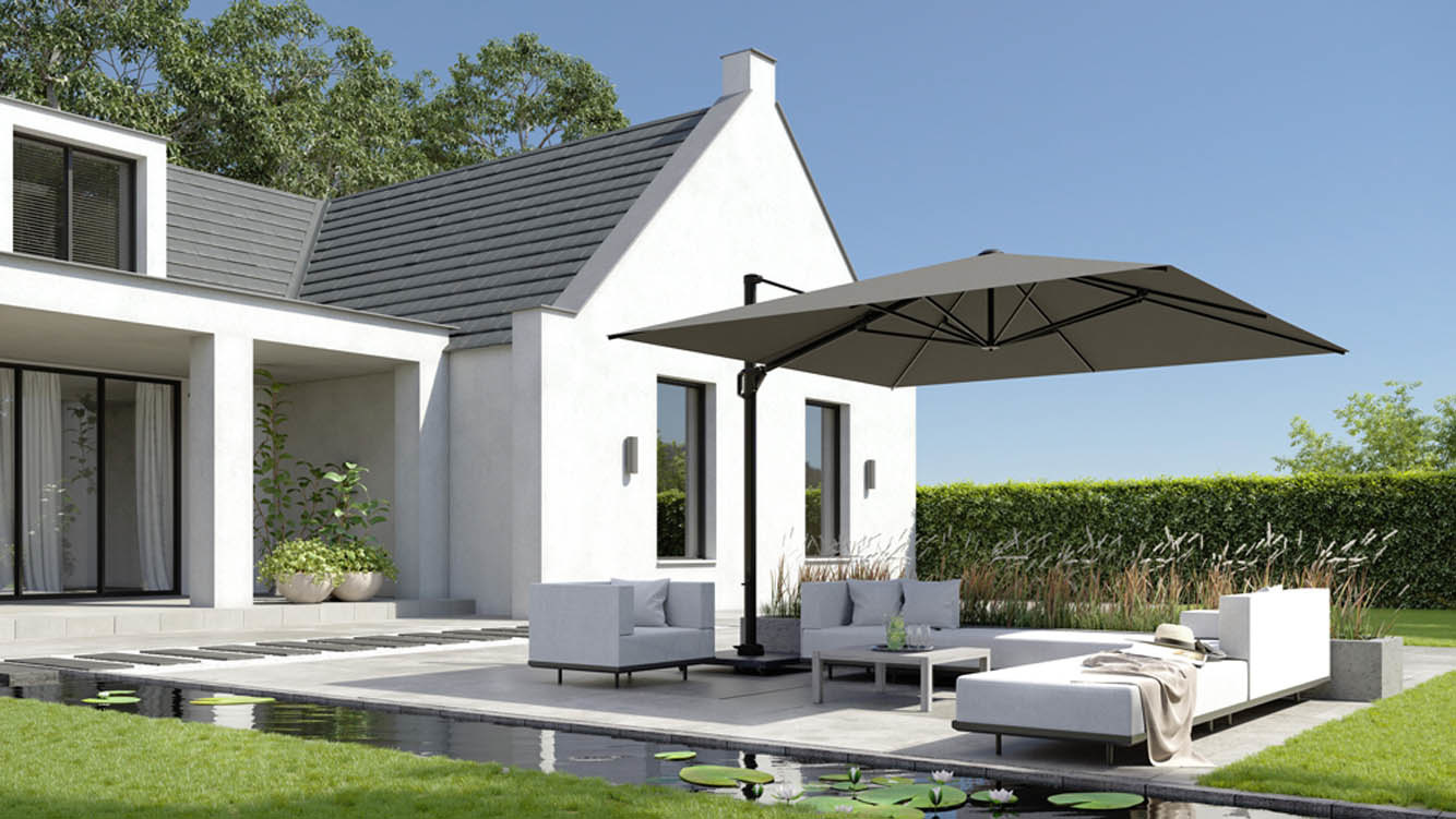 Challenger T² zweefparasol - premium doek | 300x300cm met Modena parasolvoet 90kg | Champagne/Sandstone